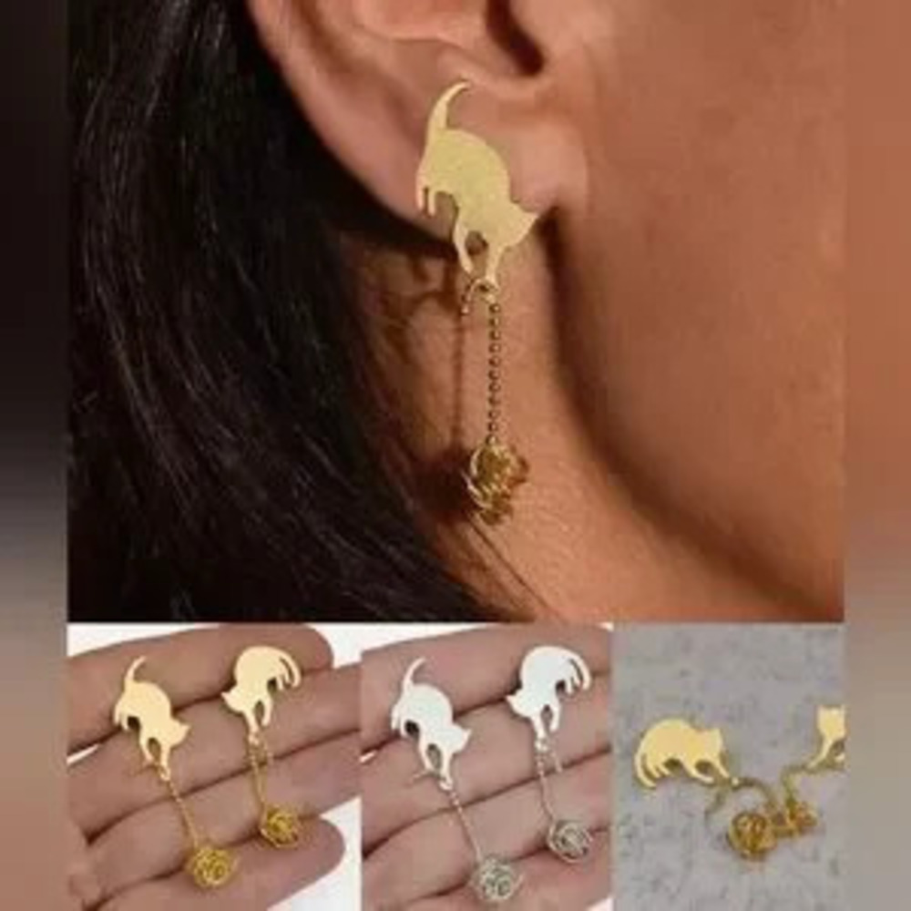 Adorable Cat Kitty Playing Earrings Silver?Gold